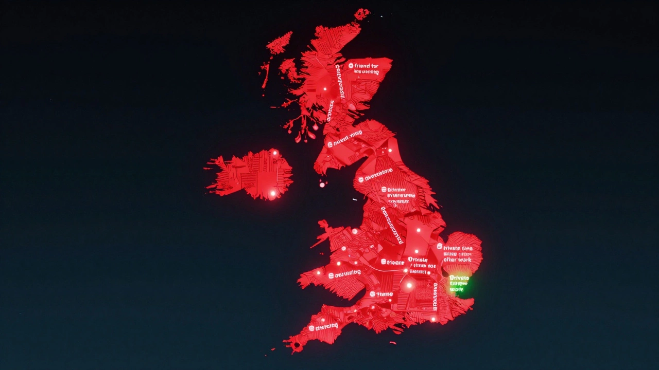 A digital map of the UK with deleted ads as fading red nodes and one persistent green node on a decentralized platform.