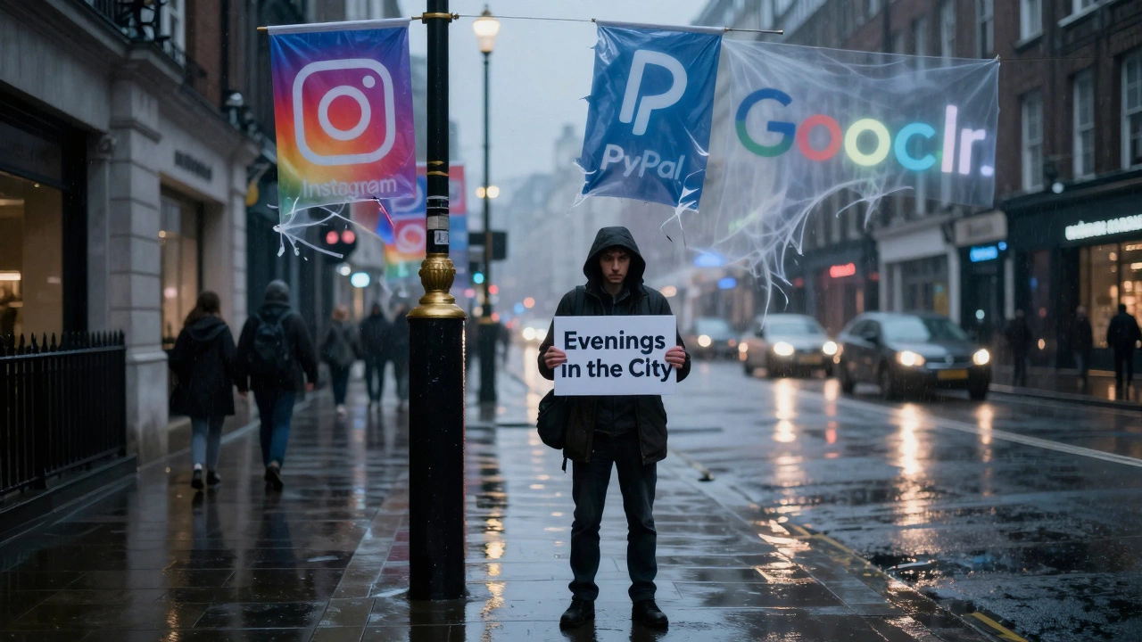 A person at a rainy London street corner holding a sign with a coded phrase, while social media logos crumble behind them.