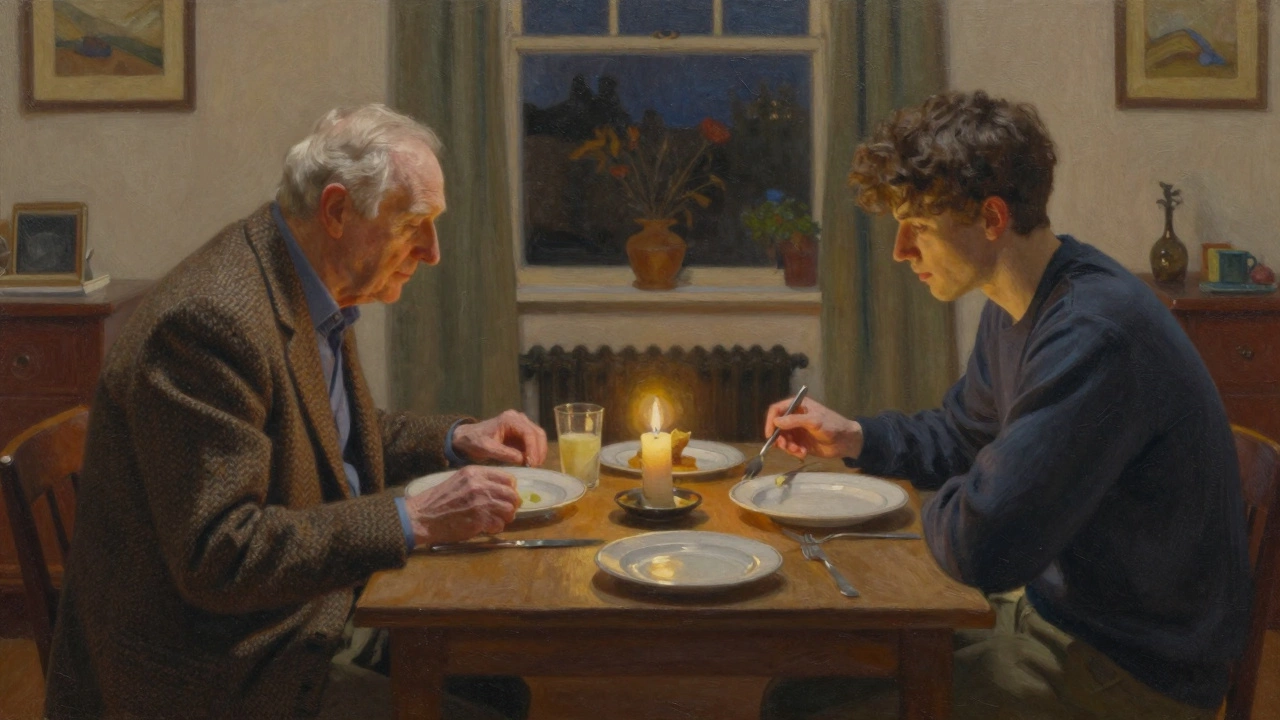 An elderly man and a young person share a quiet dinner, no words needed, just companionship in a cozy London flat.