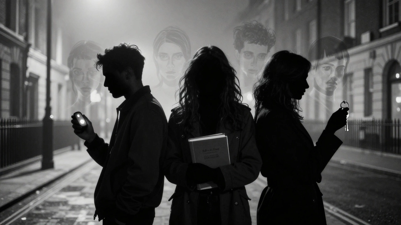 Three silhouettes stand together in fog, holding symbols of safety, education, and home, while judgmental shadows fade away.